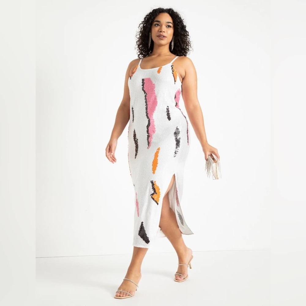 Eloquii plus size white sequin long maxi slip dress blogger favorite Sz 14 NWT